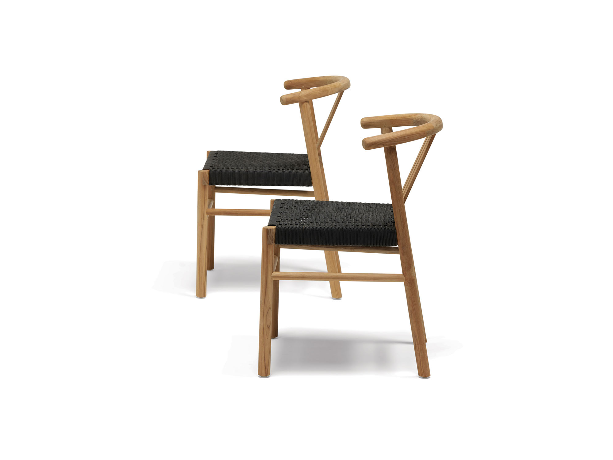 Side view of two outdoor dining chairs